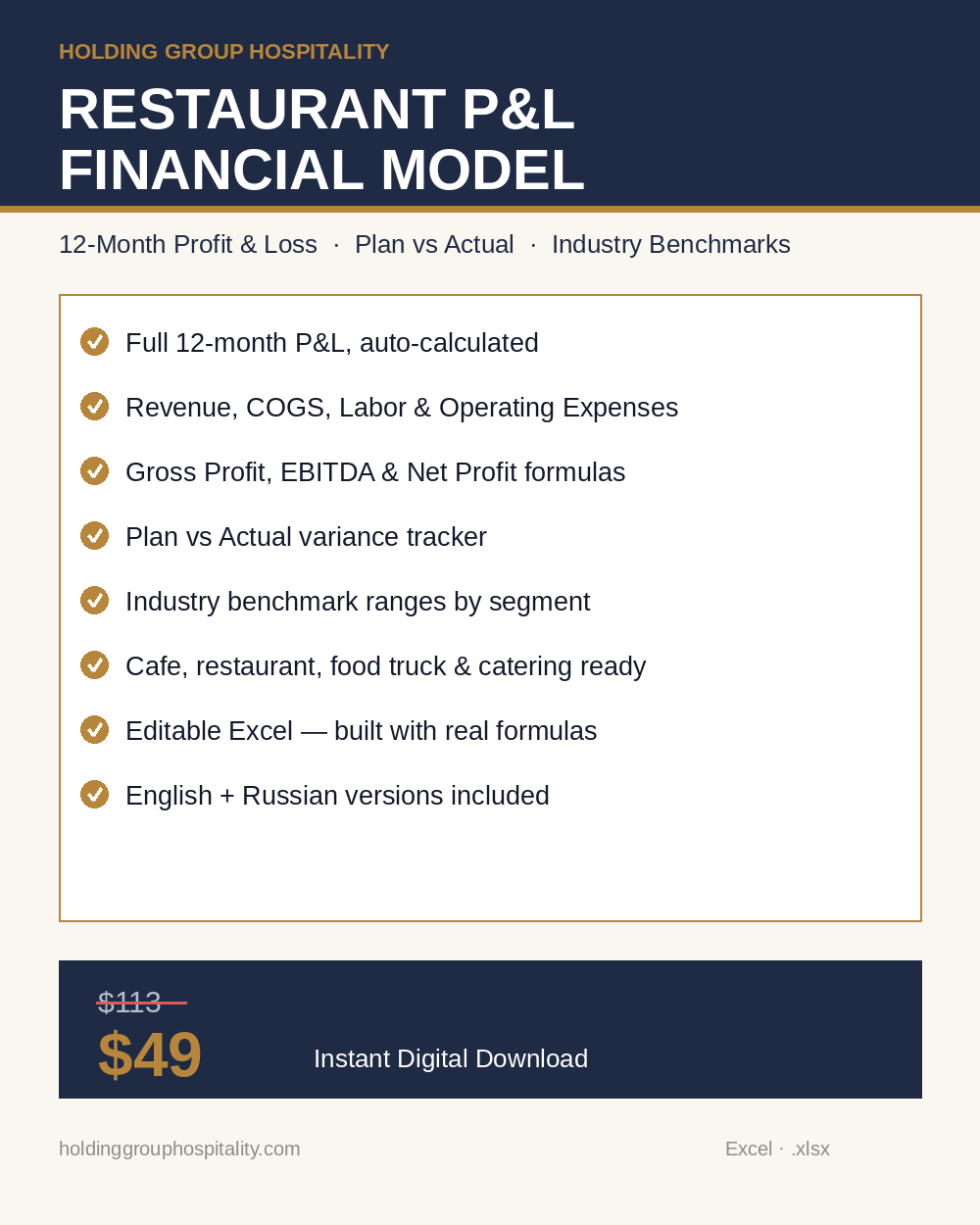 Restaurant P&L Financial Model — 12-Month Profit & Loss Template (Excel)